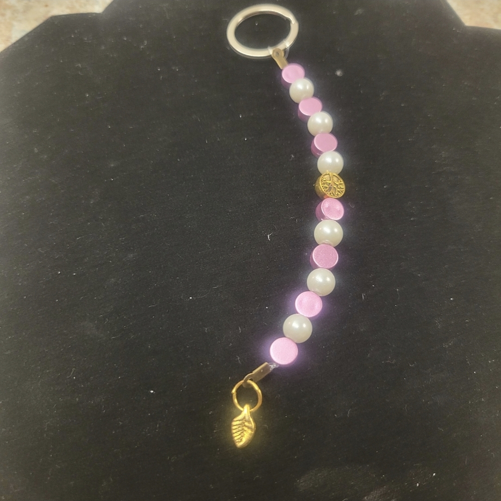 Handcrafted Pink and White Beaded Keychain with Gold Accents
